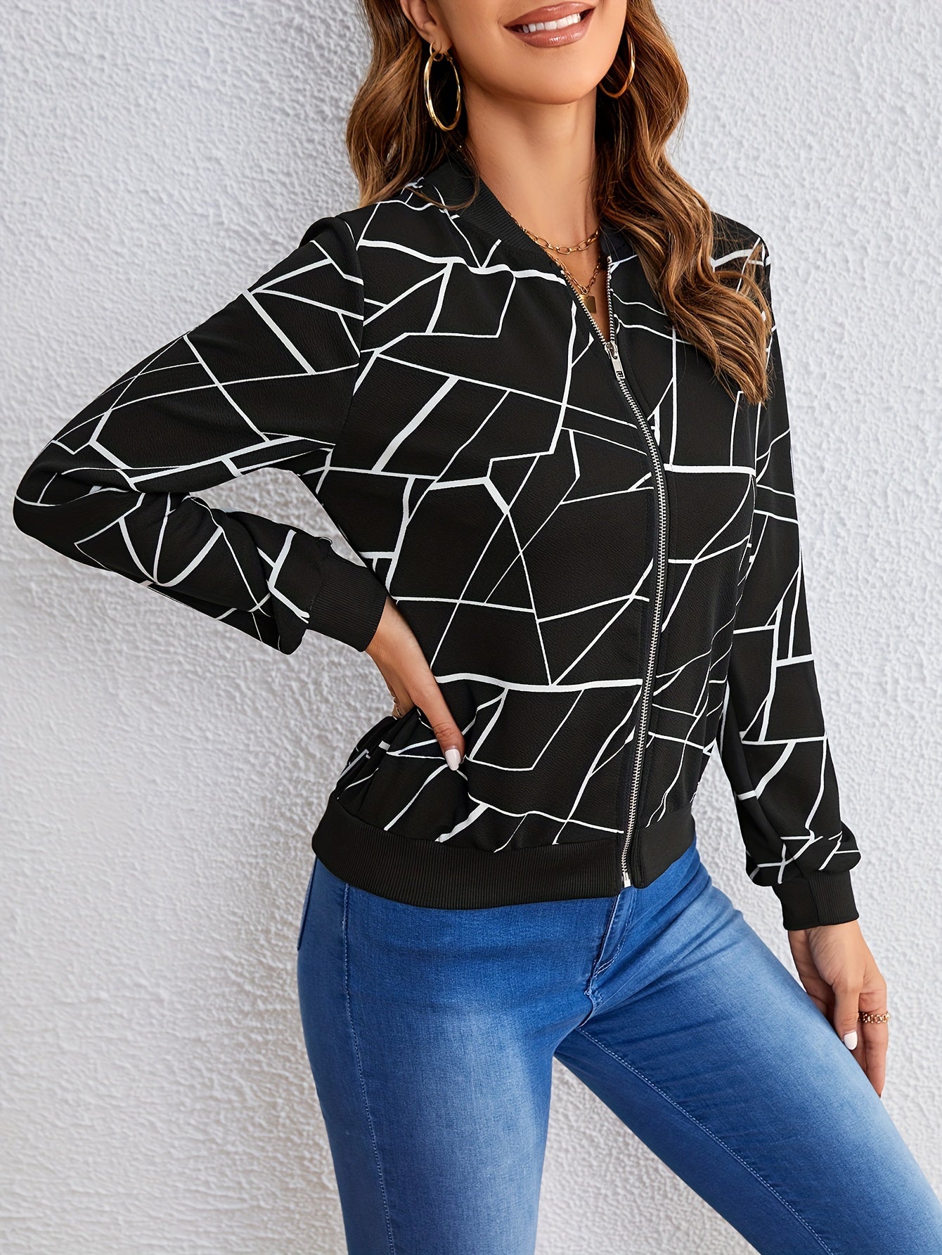 Chic Geometric Print Bomber Jacket – Casual Long-Sleeve Zip-Up, Easy-Care & Stylish for Women's Spring/Fall Fashion