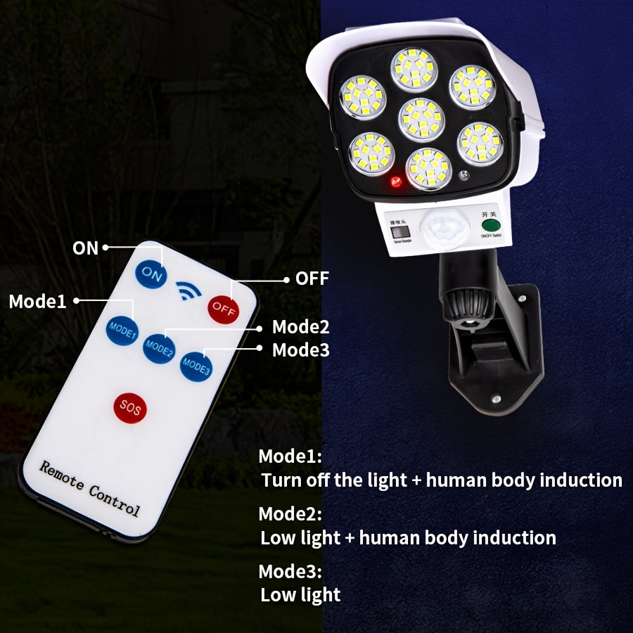 Outdoor Motion Sensor Solar Lights 2000 Lumens 77 LEDs Spotlight With Remote Controller FloodLights, Wireless Dummy Decoy Fake Security Camera for Porch Garden Patio Driveway