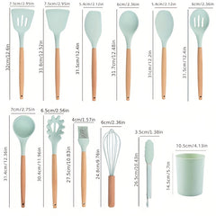 12pcs Wooden Handle Silicone Kitchen Utensils 12 Pieces Non-stick Spatula Kitchen Tool Cooking Spatula Spoon Baking Set, School Supplies, Back To School, Dorm Essentials