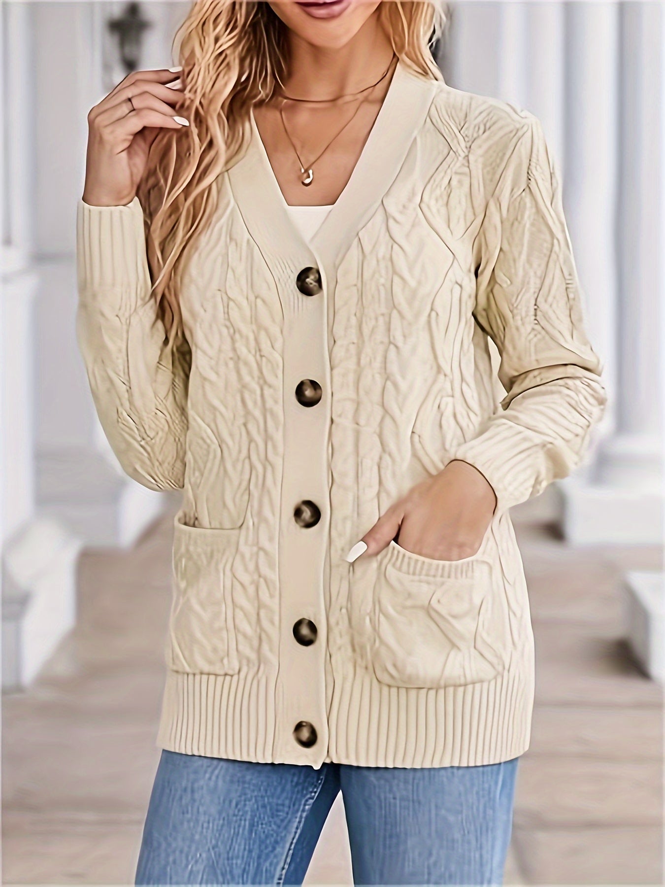 Cable Knit Single Breasted Cardigan, Casual Long Sleeve Pockets Cardigan For Spring & Fall, Women's Clothing