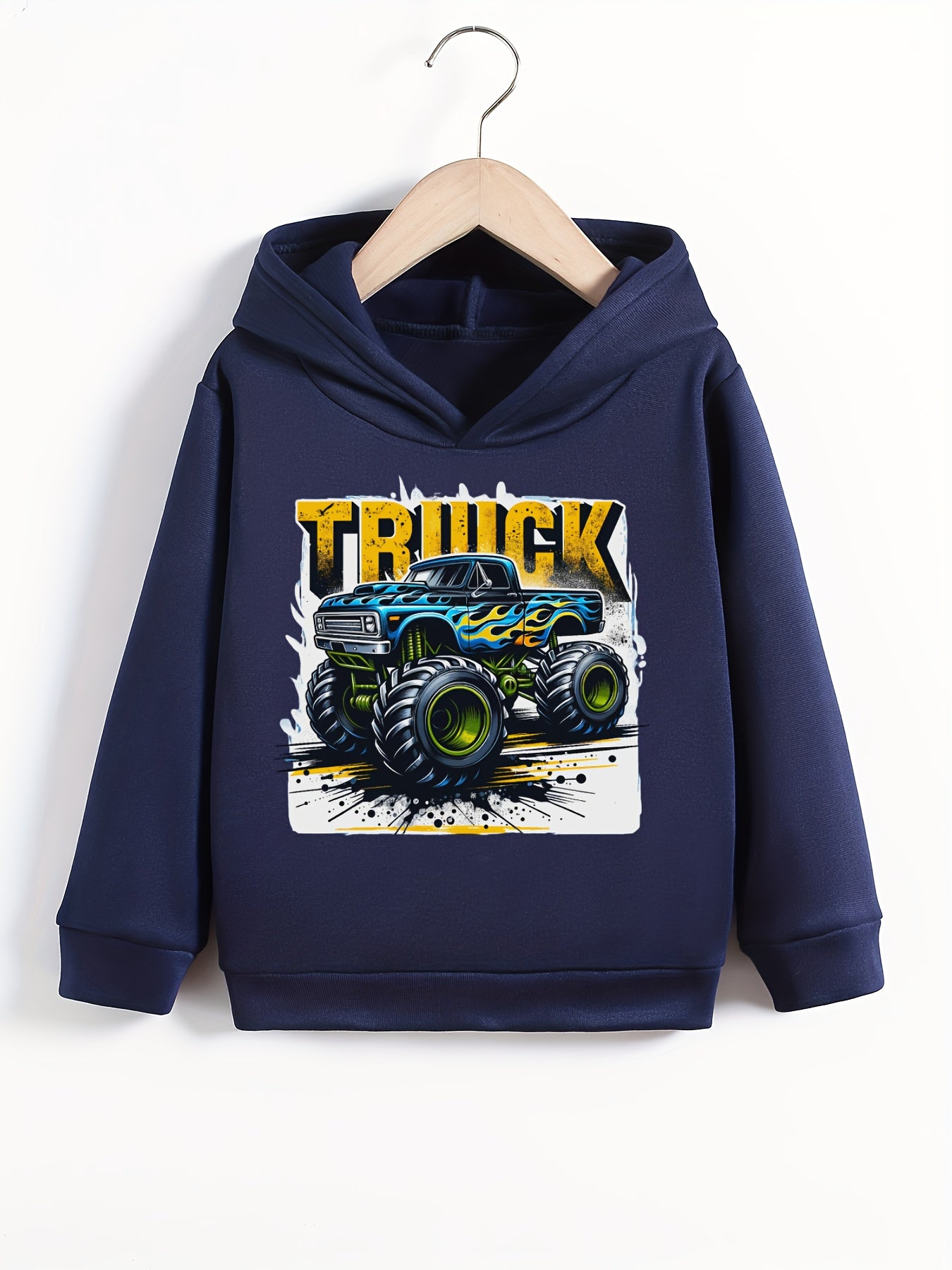 Fashion Monster Truck Graphic Print, Boy's Fashion Casual Comfy Round Neck Pullover Hoodies For Daily And Outdoor Wear, Spring And Fall Tops