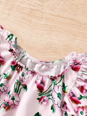 Girls Round Neck Small Scattered Flower Prints With Pretty Details And Cute Flutter Sleeves Dress