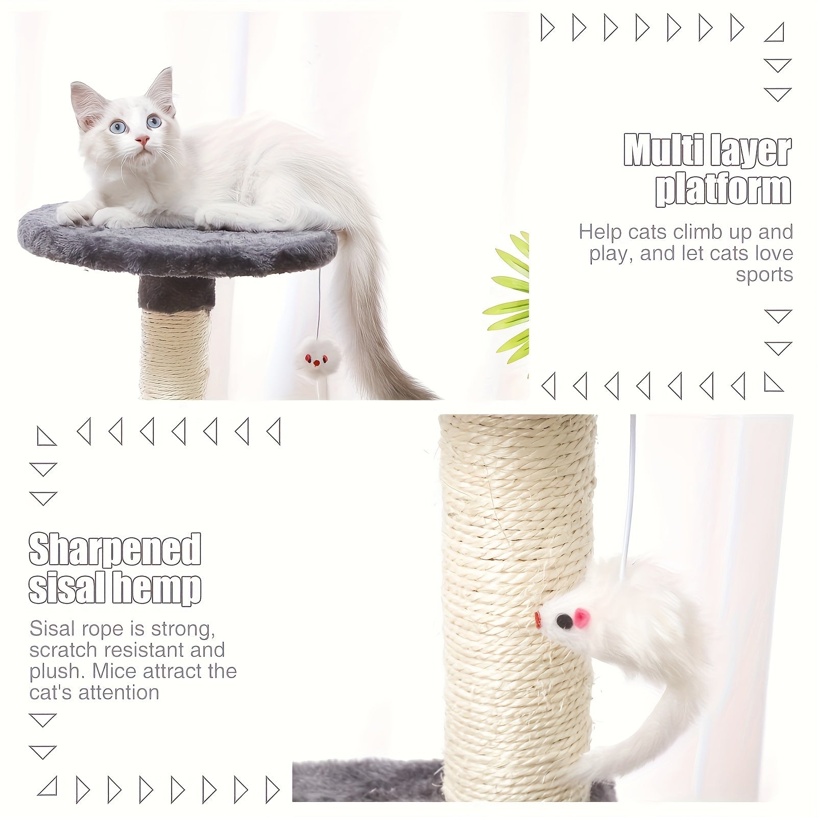 Deluxe Cat Tree With Sisal Scratching Post, Solid Pattern, Interactive Toys For Indoor Cats, Easy-To-Install Play Tower, Triple Jump Platform, Includes Mouse Pendant - Perfect For All Cat Breeds - Kerala Elegance