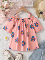 Girls' Cute Off-Shoulder Short Sleeve Top With Colorful Daisy Print And Face Pattern, Ruffle Shoulder Straps, Summer Casual Wear