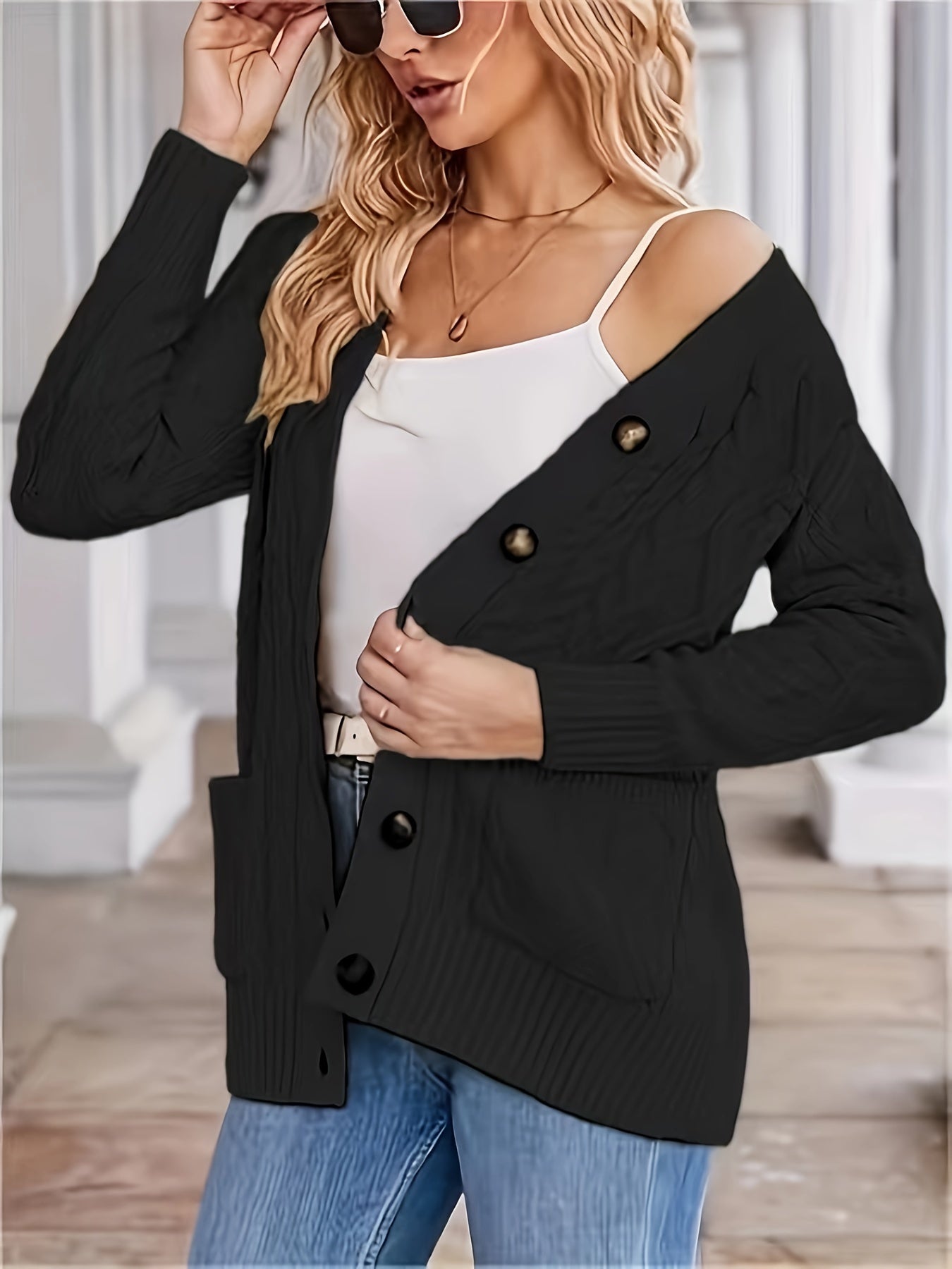 Cable Knit Single Breasted Cardigan, Casual Long Sleeve Pockets Cardigan For Spring & Fall, Women's Clothing