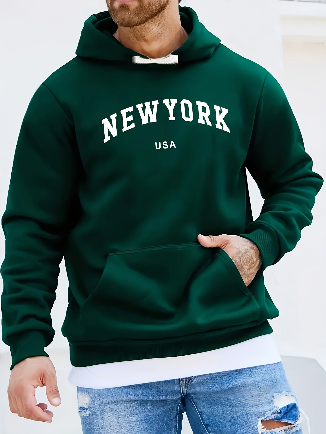 Mens New York Skyline Print Hoodie - Kangaroo Pocket, Long Sleeve, Durable & Warm - Casual Fall Winter Sweatshirt for All-Season Style