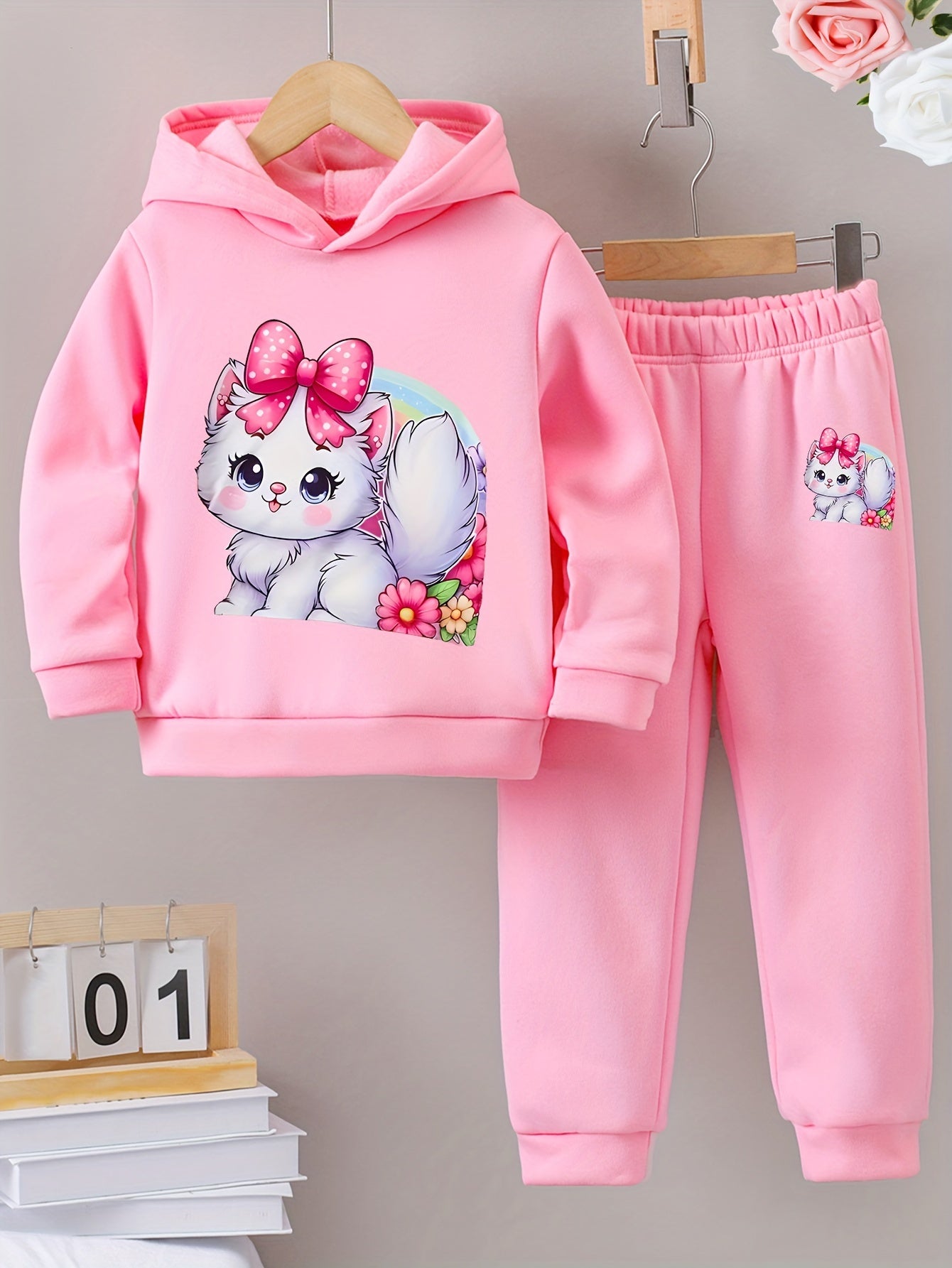 Girl's Winter Hoodie and Leggings Set: Soft Fleece, Pink Bow, and Cute Kitty Design