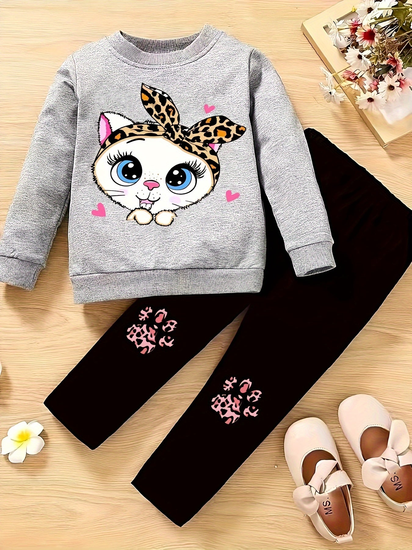 Kids Fashion Outfit Set Sweatshirt + Trousers Long Sleeve Cute Animal Pattern Top Round Neck Casual Slim-fit Clothes For Autumn