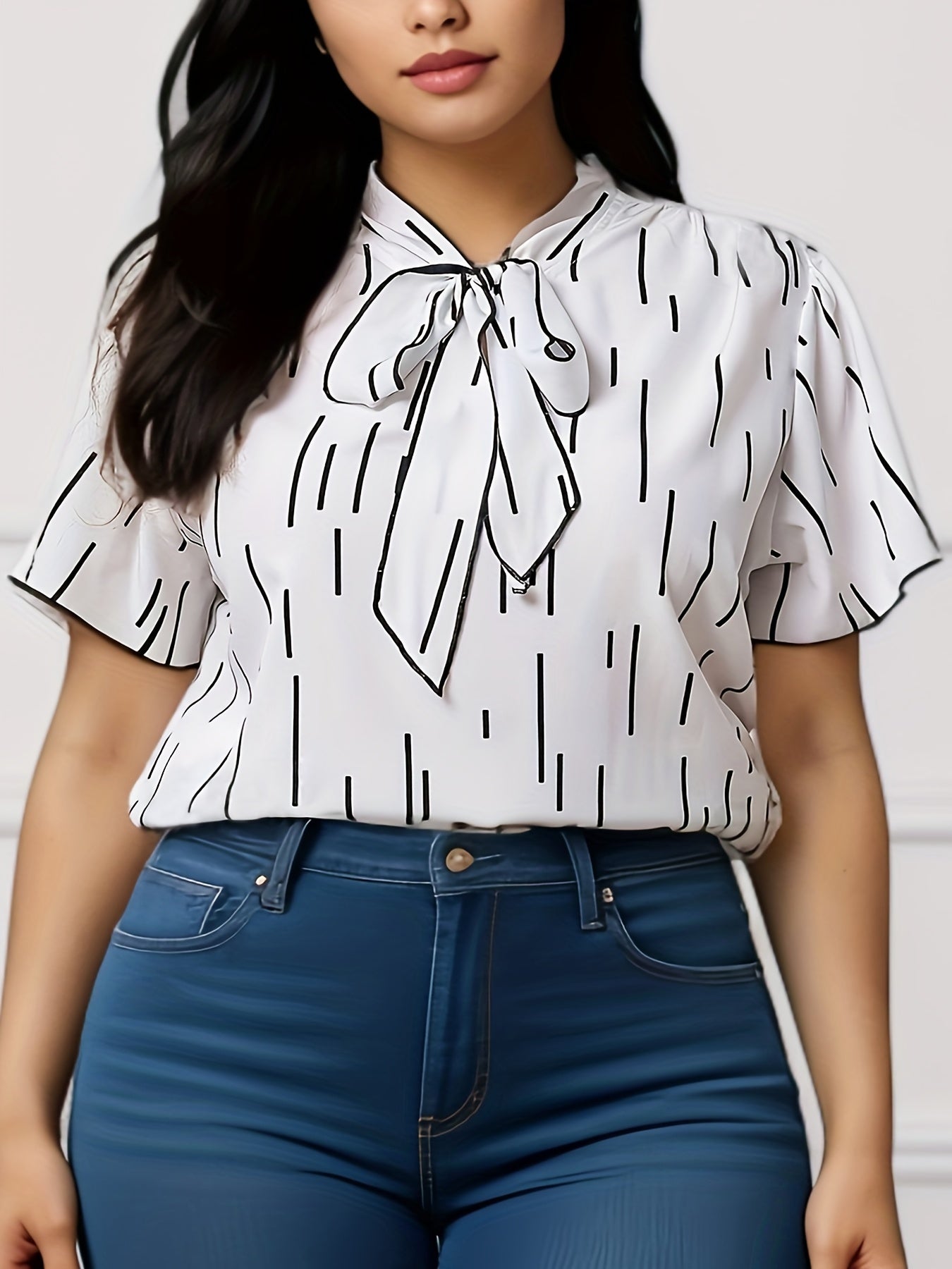 Plus Size Striped Print Top, Casual Knot Short Sleeve Top, Women's Plus Size Clothing