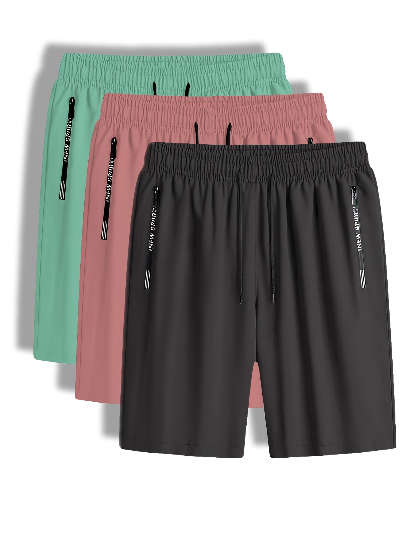 3pcs, Men's Solid Color Sports Shorts With Drawstring And Zippered Pockets, Casual And Trendy Shorts For Summer Fitness Workout And Beach Wear