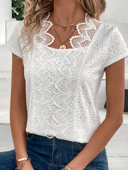 Eyelet Contrast Lace Blouse, Casual Short Sleeve Solid Blouse, Women's Clothing