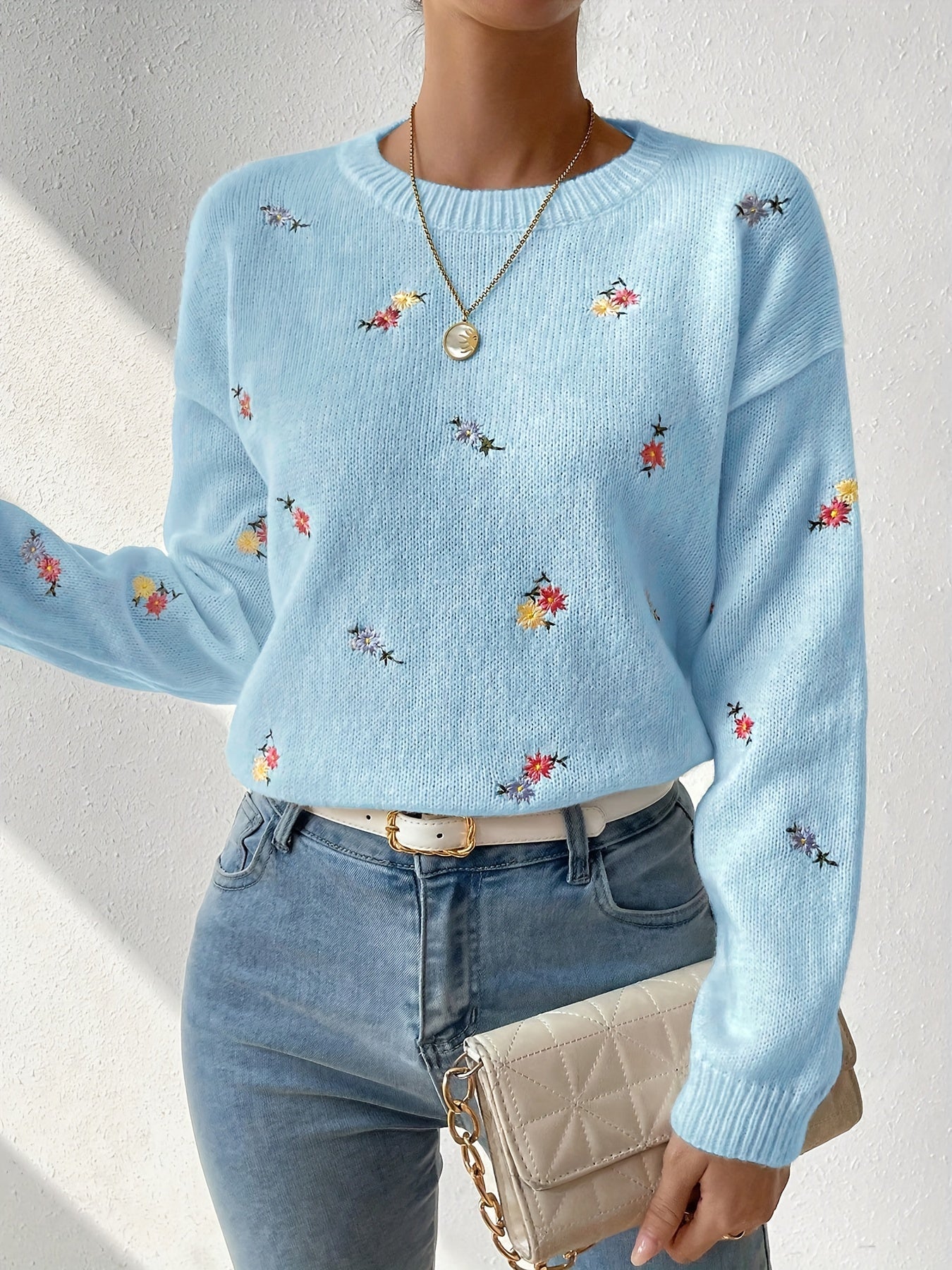 Flower Embroidery Long Sleeve Sweater, Casual Drop Shoulder Crew Neck Pullover Sweater For Fall & Winter, Women's Clothing