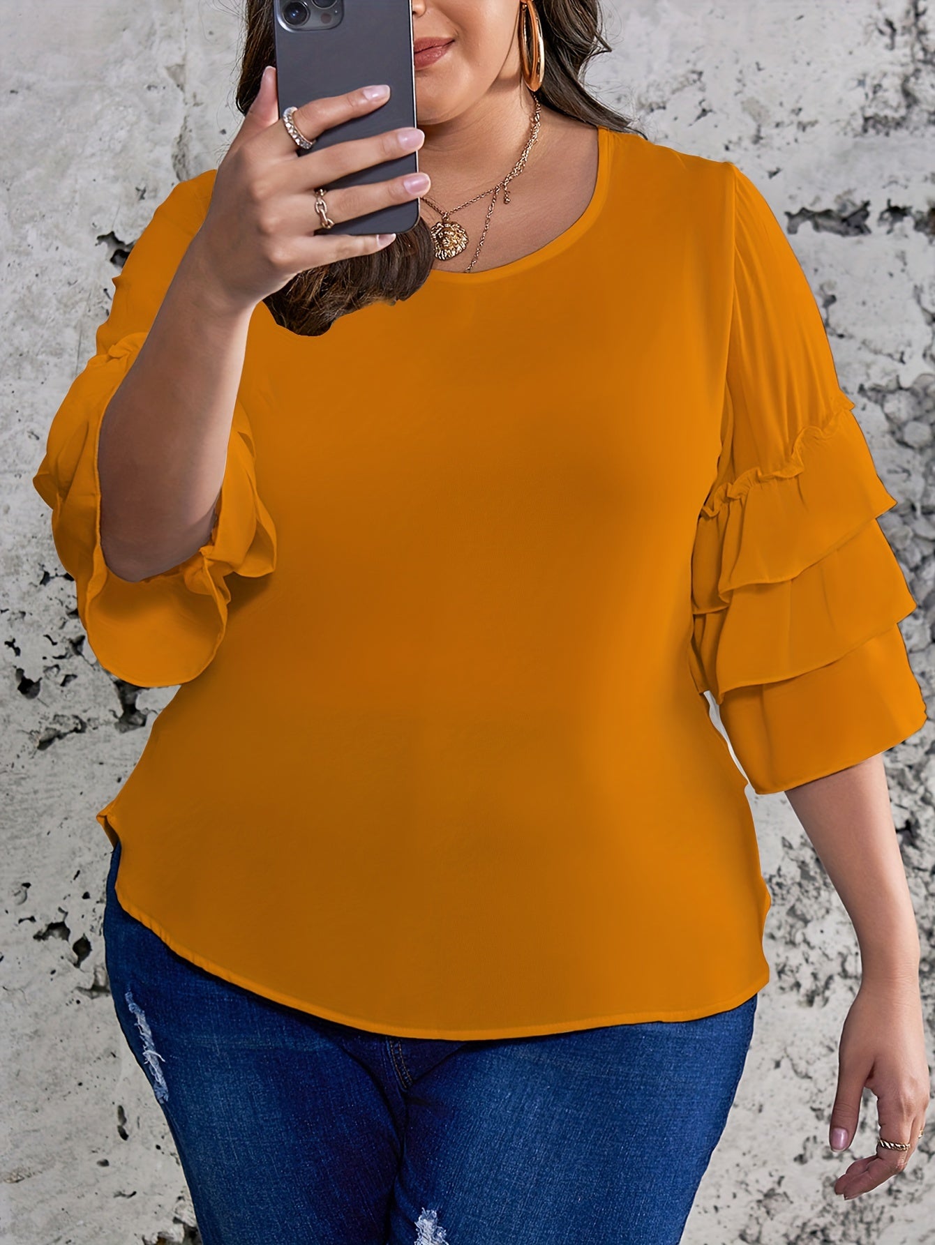 Plus Size Womens Chic Solid Top - Flattering Layered Style with Trendy Half Bell Sleeves, Round Neck, and Smooth Hem