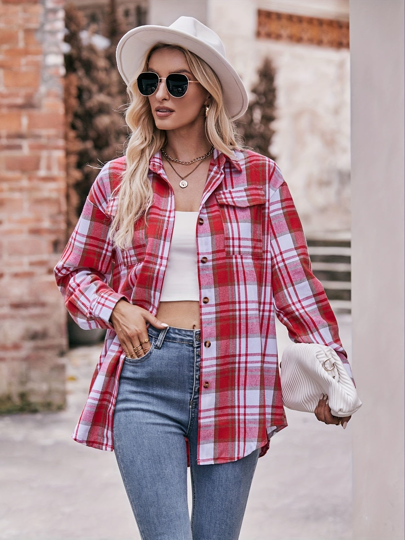 Plaid Button Front Shirt, Elegant Long Sleeve Lapel Shirt, Women's Clothing