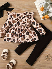 Fall/Winter Chic: Baby Girls' Leopard Print 3-Piece Outfit - Knit Flying Sleeve Top, Bow Pants & Headband, Easy Care