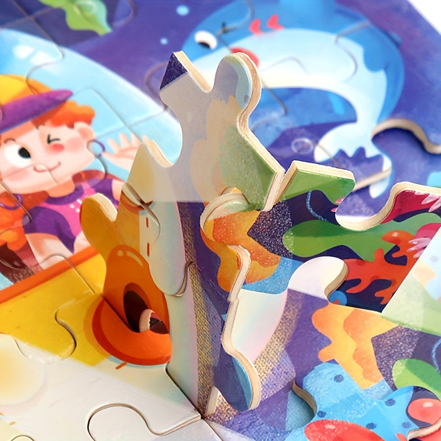 60pcs Wooden Large Piece Children's Cartoon Puzzle, Early Education Enlightenment Education Hands-on Ability Assembled Cute Mermaid Cartoon Character