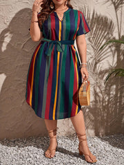 Plus Size Striped Dress with Notched Neck - Comfortable Short Sleeves for Casual Chic - Designed for Curvy Womens Fashion