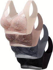 4pcs Simple Solid Contrast Lace Wireless Bra, Comfy & Breathable Bra, Women's Lingerie & Underwear