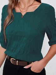 Solid Color Notch Neck Blouse, Casual Half Sleeve Blouse For Spring & Summer, Women's Clothing