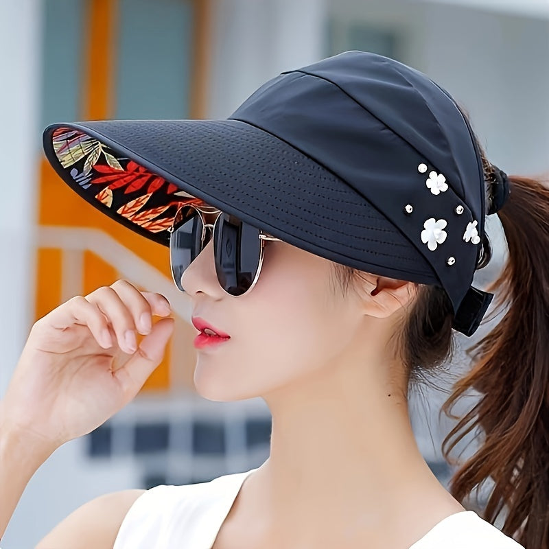 Chic Foldable Beaded Flower Sun Hat - Stylish Knitted Women's UV Protection Visors, Durable And Comfortable Outdoor Wear