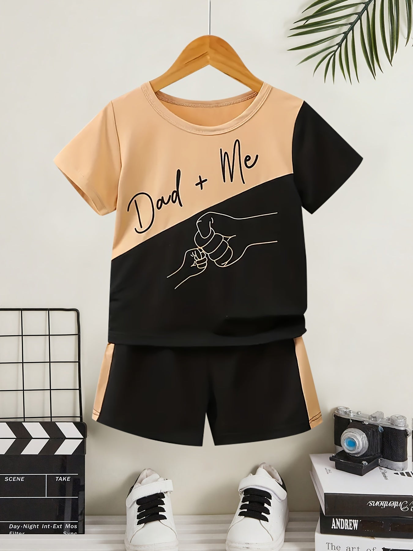 2pcs Boys Casual DAD+ME Letter And Fist Print Comfortable Versatile Short Sleeve T-shirt & Shorts Set, Cool, Lightweight And Comfy Summer Clothes!