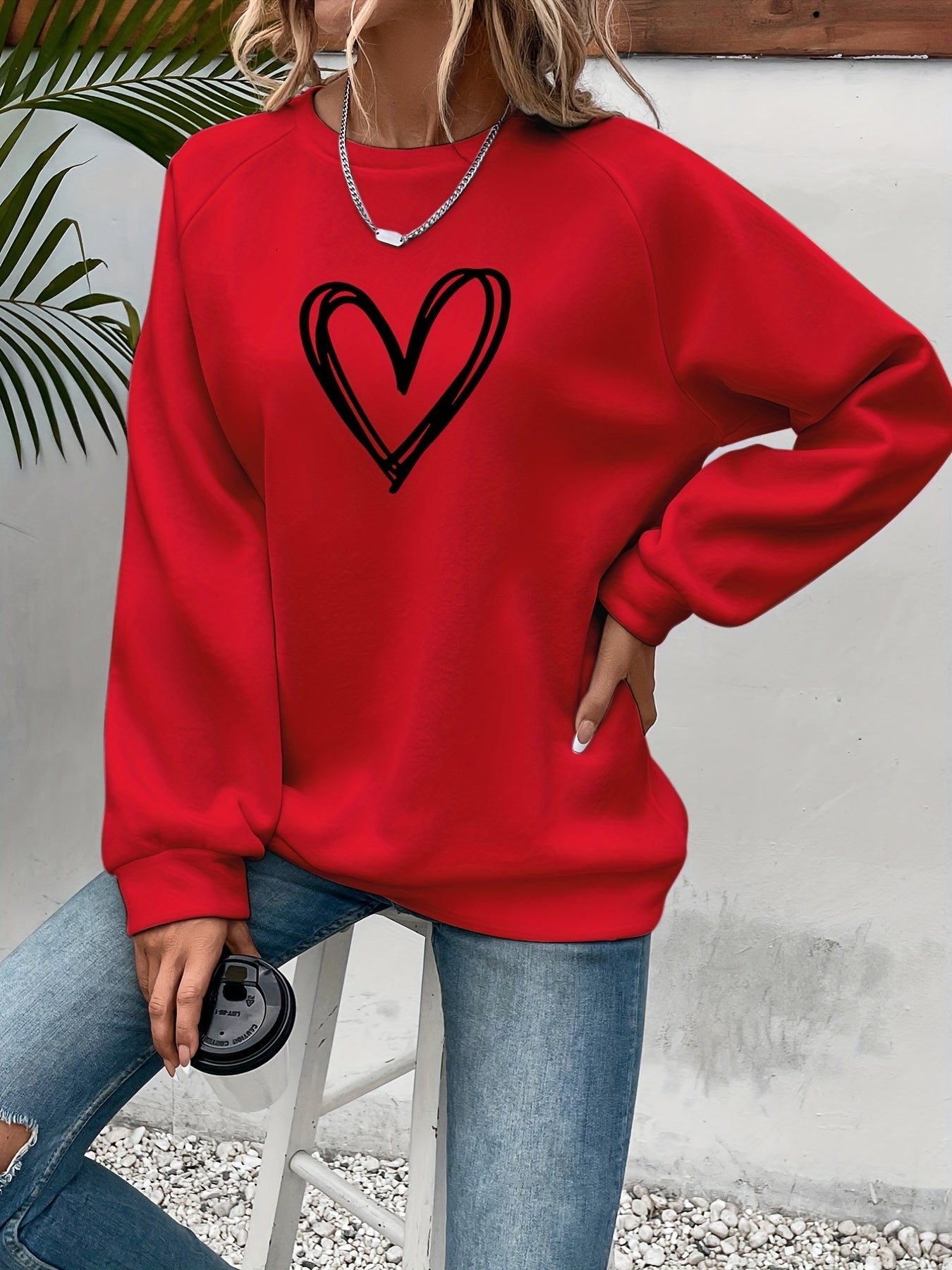 Heart Print Womens Pullover Sweatshirt - Casual Long Sleeve Crew Neck - Comfortable Spring & Fall Wardrobe Essential - Trendy Heart Design for Versatile Style