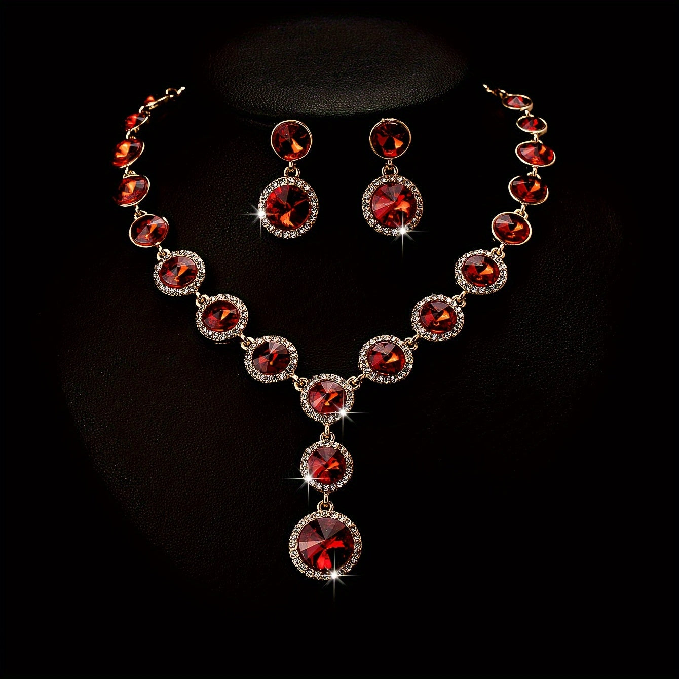 Luxurious 3pcs Jewelry Set with Sparkling Red Gemstone - Necklace, Earrings & Ring for Women | Perfect for Weddings & Evening Gowns