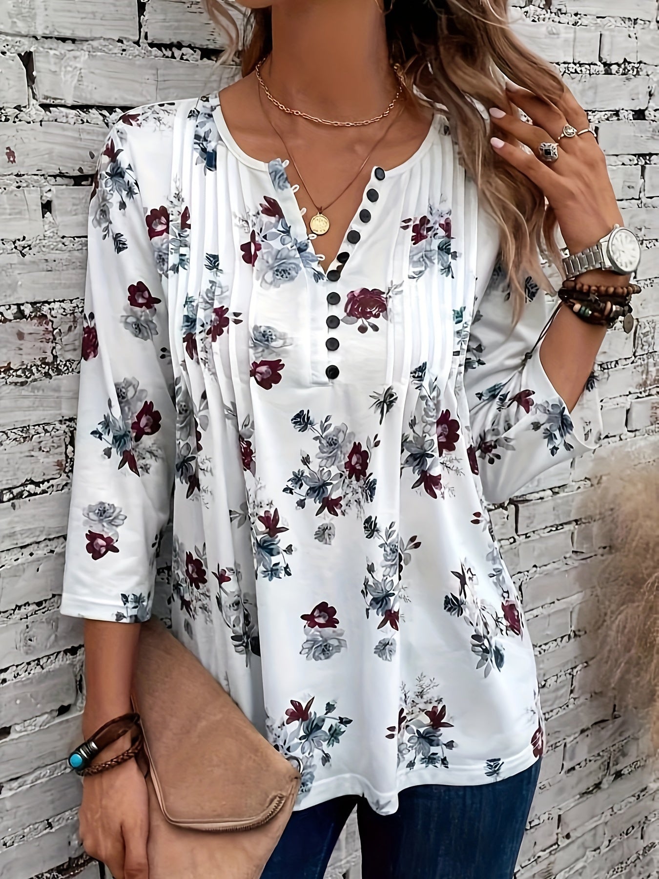 Floral Print Notched V Neck T-shirt, Elegant 3/4 Sleeve Ruched Top For Spring & Fall, Women's Clothing