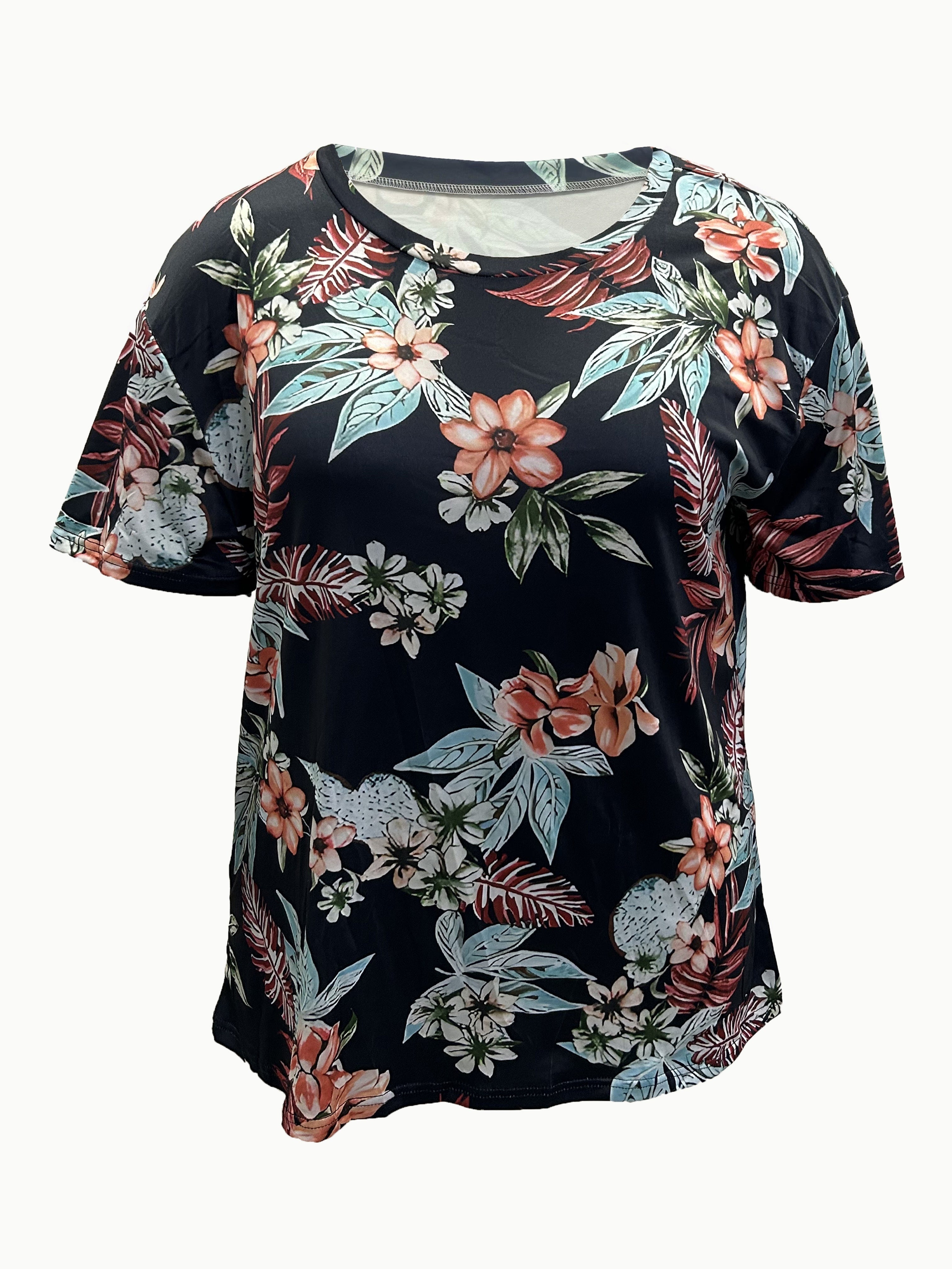 Plus Size Floral Print T-Shirt, Casual Short Sleeve Top For Spring & Summer, Women's Plus Size Clothing