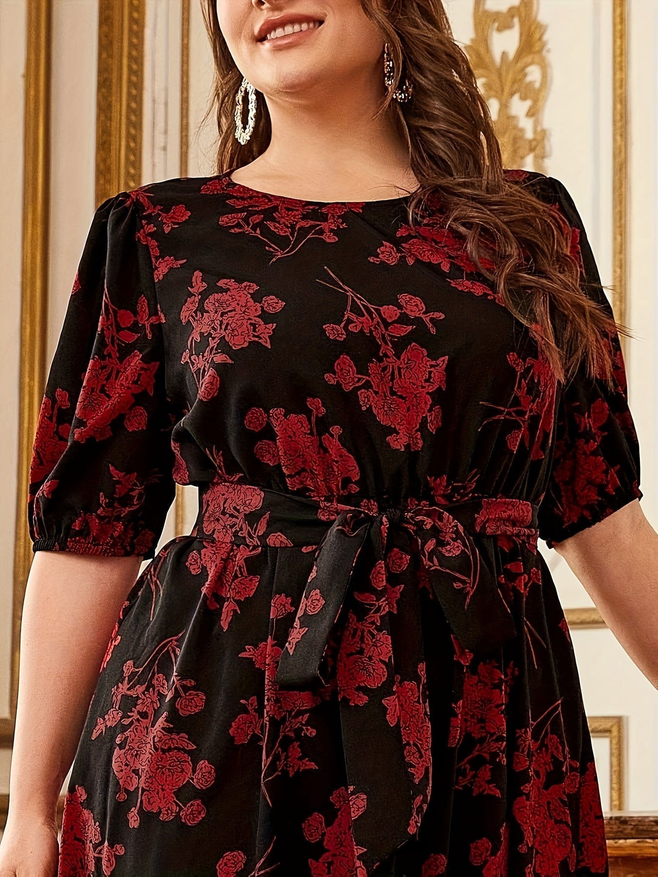 Plus Size Floral Print Cinched Waist Dress, Elegant Crew Neck Short Sleeve Dress, Women's Plus Size Clothing