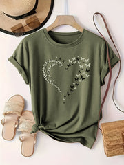 Plus Size Butterfly Heart Print Crew Neck T-Shirt - Soft Slight Stretch Fabric, Positioning Printing, Casual Short Sleeve Top for Spring & Summer - Womens Comfortable Knit Fabric Clothing for Warm Weather