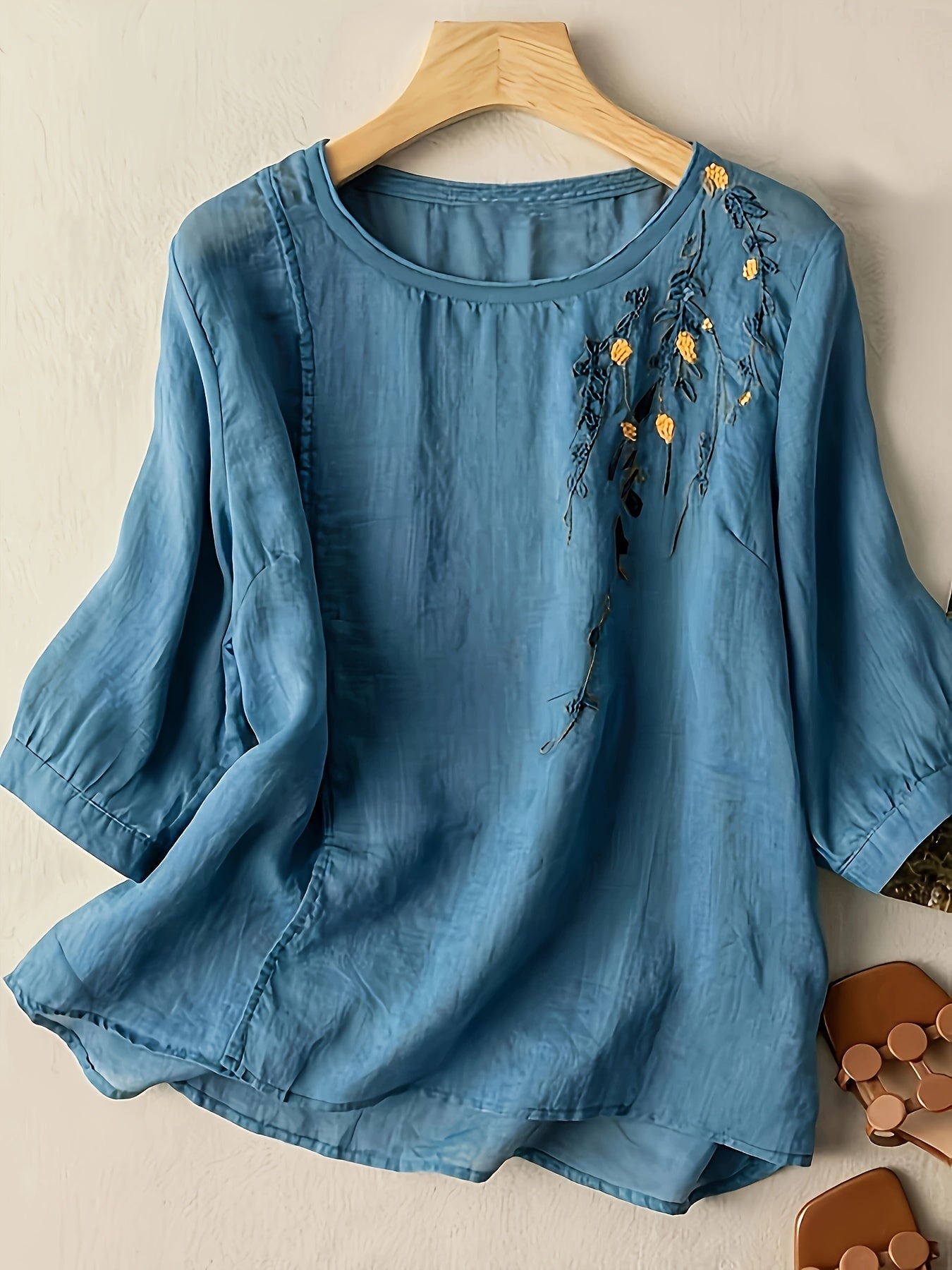 Floral Embroidered Pullover Blouse, Casual Crew Neck Half Sleeve Blouse, Women's Clothing