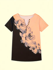 Floral Print Color Block Top, Vintage Notched Neck Short Sleeve Top, Women's Clothing