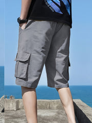 Men's Label Patchwork Solid Cargo Shorts With Flap Pockets, Versatile And Trendy For Summer Outdoors And Sports Wear