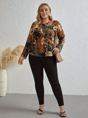 Plus Size Floral Print T-shirt, Vintage Long Sleeve Crew Neck Top For Spring & Fall, Women's Plus Size Clothing