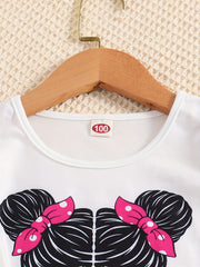 Chic Girls' Two-Piece Set - Comfy Short Sleeve Cartoon Portrait Tee & Pleated Polka Dot Pants - Ideal for Playful Summer Days