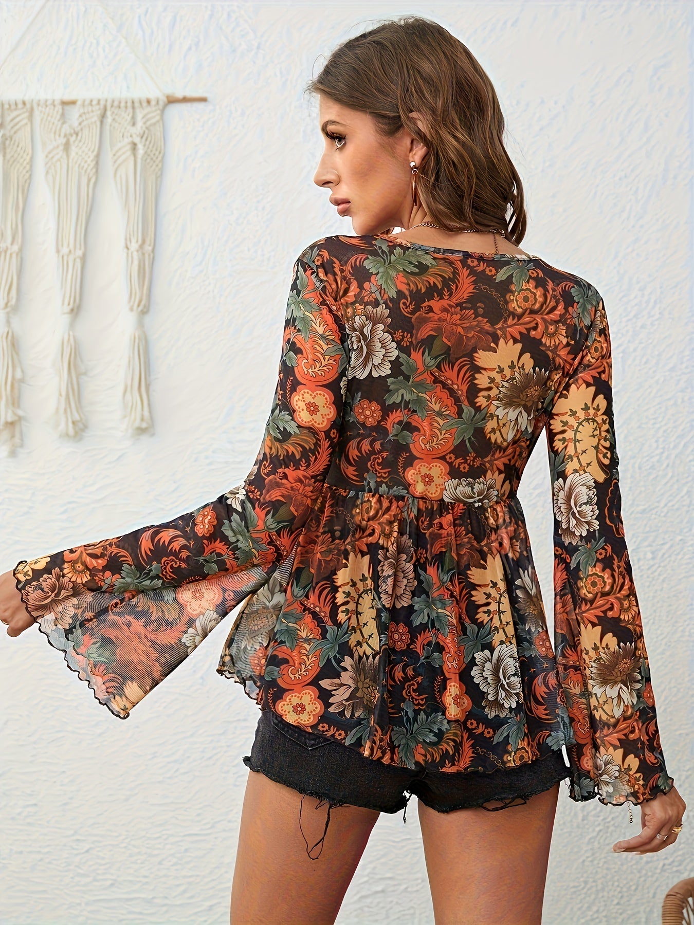 Loral Print V Neck Blouse, Casual Flare Sleeve Top For Vacation, Women's Clothing