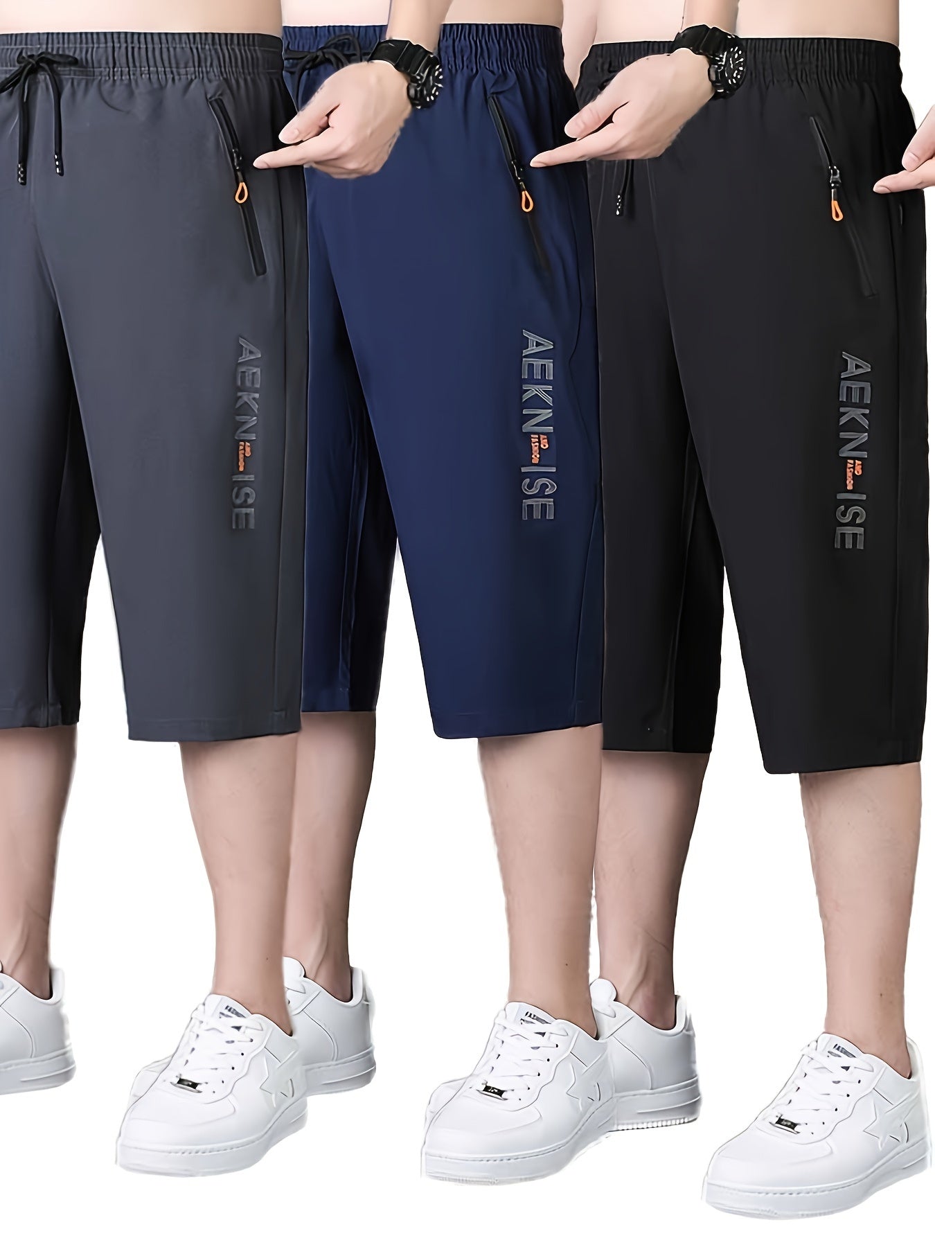 3pcs Men's Alphabet Print Quick Drying 3/4 Length Shorts, Casual Slightly Stretch Elastic Waist Drawstring Shorts For Summer Gym Workout Training