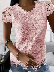 Solid Lace Short Sleeve Top, Versatile Blouse For Spring & Summer, Women's Clothing