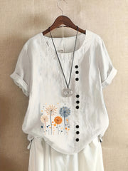 Dandelion Print Crew Neck Blouse, Casual Button Decor Short Sleeve Top For Spring & Summer, Women's Clothing