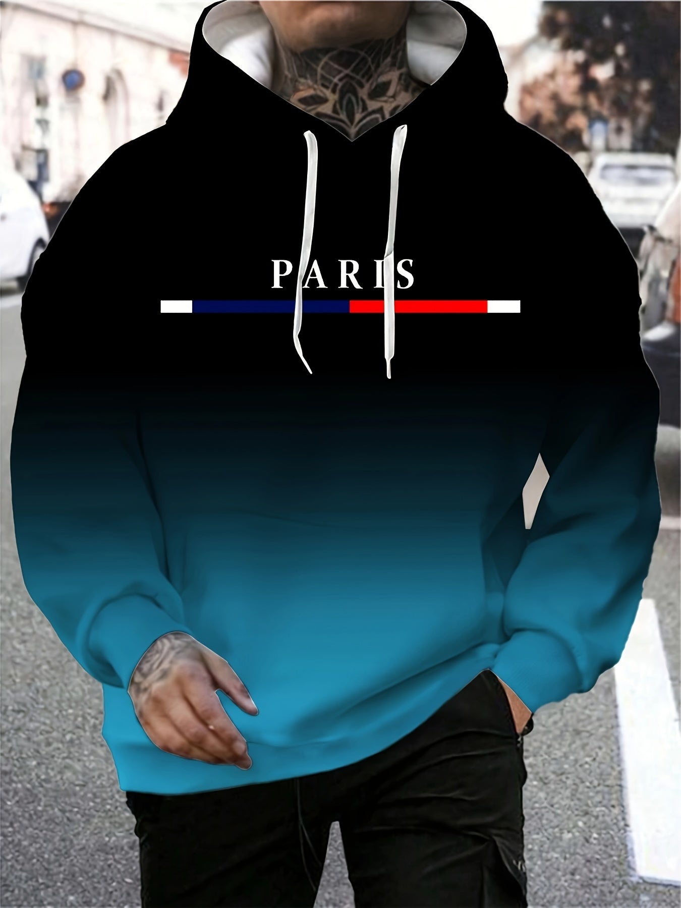 Men's Gradient Color Paris Graphic Print Hoodie With Kangaroo Pocket, Casual Long Sleeve Hooded Sweatshirt For Outdoor