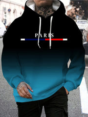 Men's Gradient Color Paris Graphic Print Hoodie With Kangaroo Pocket, Casual Long Sleeve Hooded Sweatshirt For Outdoor