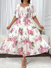 Plus Size Romantic Dress, Women's Plus Floral Print Shirred Butterfly Sleeve Square Neck Smock Maxi Dress