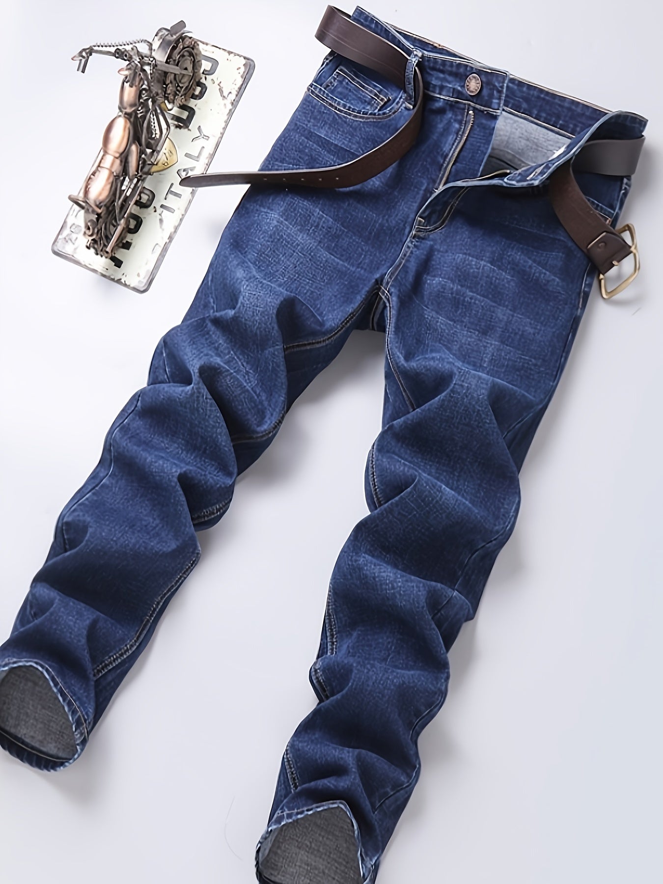 Men's Solid Denim Pants With Pockets, Formal Cotton Blend Jeans For Outdoor Activities