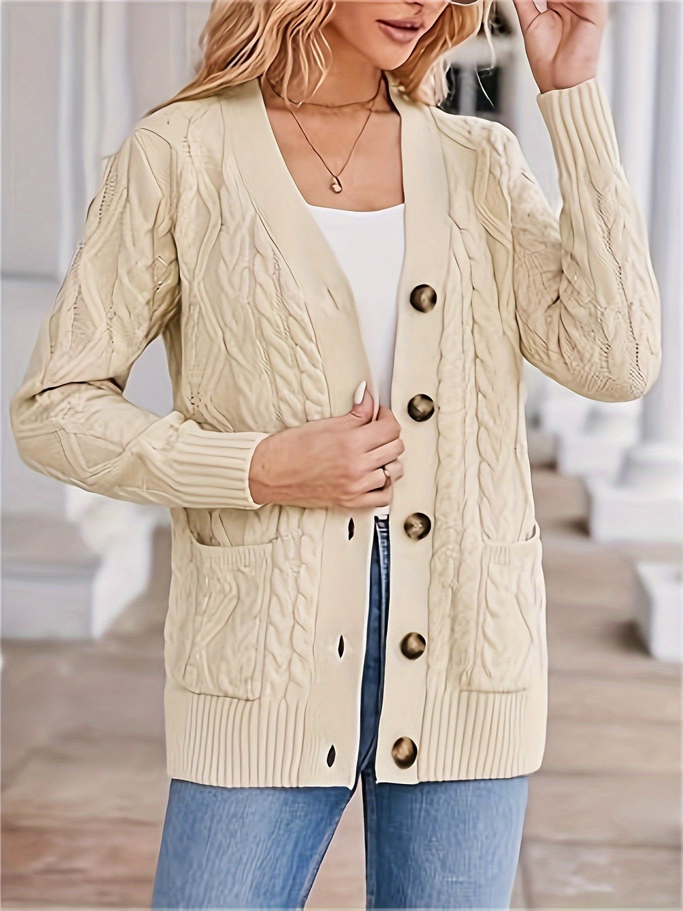 Cable Knit Single Breasted Cardigan, Casual Long Sleeve Pockets Cardigan For Spring & Fall, Women's Clothing