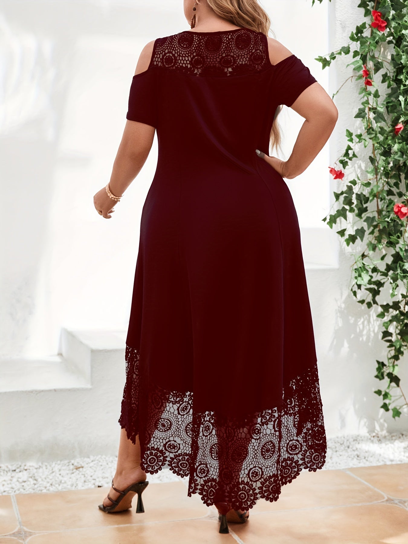 Chic Plus Size Womens Casual Dress - Fashionable Solid Color with Contrast Lace Trim, Cold Shoulder Design, Asymmetrical Hem, Medium Stretch for Flattering Comfort