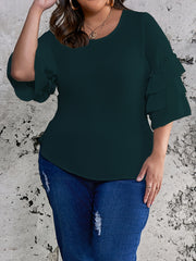 Plus Size Womens Chic Solid Top - Flattering Layered Style with Trendy Half Bell Sleeves, Round Neck, and Smooth Hem