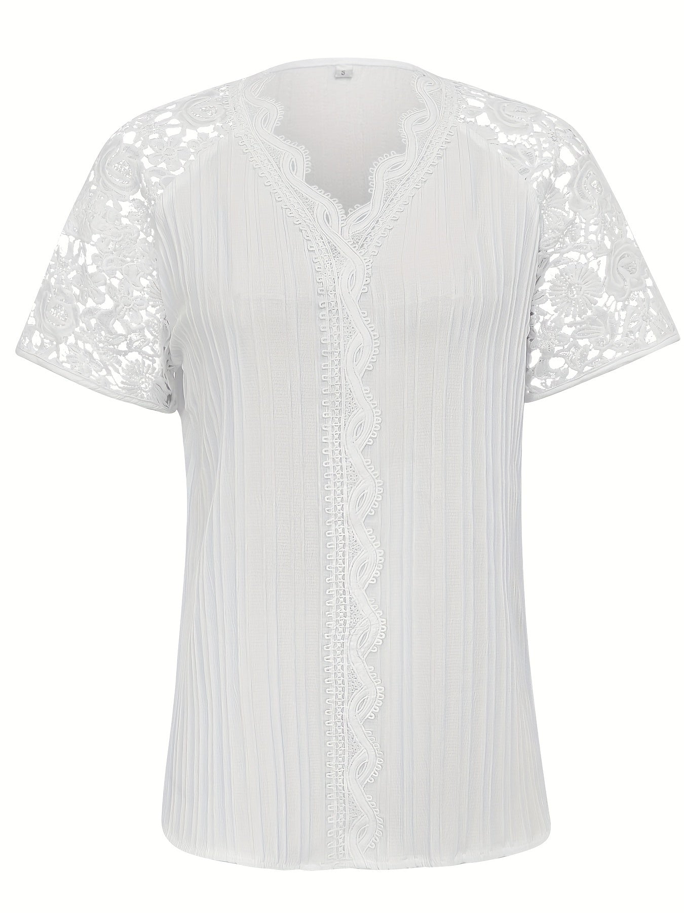 Lace Splicing Textured V-neck Blouse, Elegant Short Sleeve Blouse For Spring & Summer, Women's Clothing