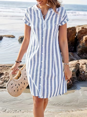 Striped Button Front Notched Neck Dress, Casual Short Sleeve Dress For Spring & Summer, Women's Clothing