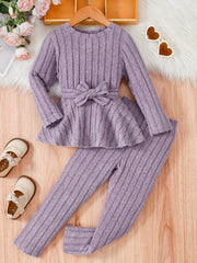 2Pcs Girls Cozy Winter Outfit Set - Chic Long Sleeve Crew Neck Top with Bowknot Detail & Snug Pants - Ideal for Fall Casual Wear